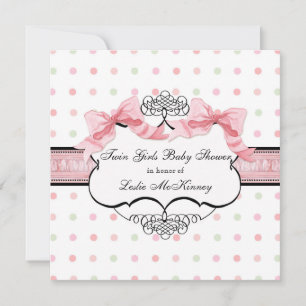 Rosa Ribbon Twin Girls Fransk Bow Dot Swirl Inbjudningar