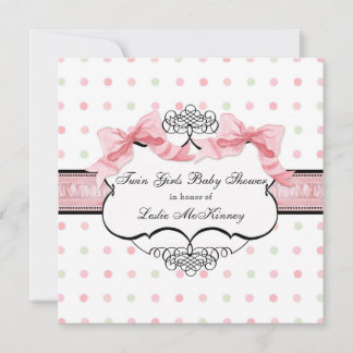 Rosa Ribbon Twin Girls Fransk Bow Dot Swirl Inbjudningar