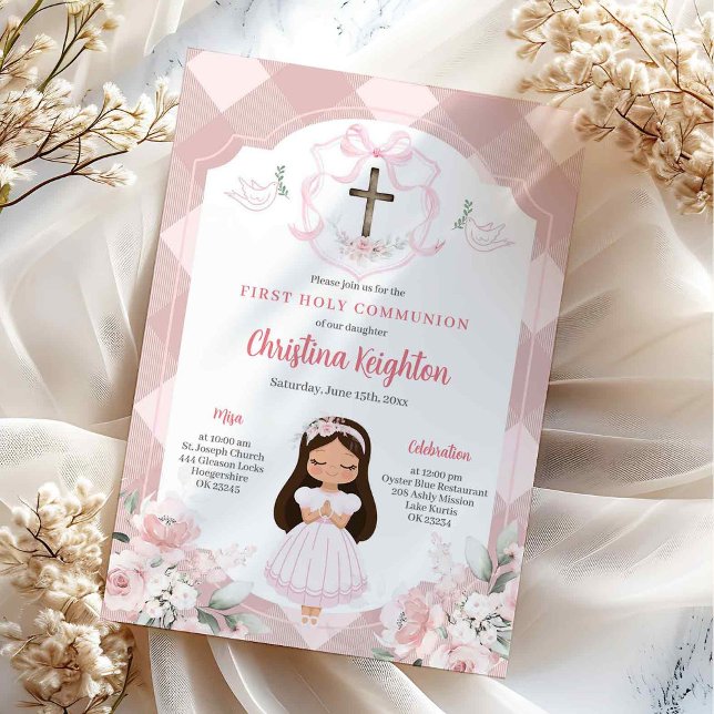 Rosa Ribbon Vapensköld Girl First Heliga Communion Inbjudningar (Skapare uppladdad)