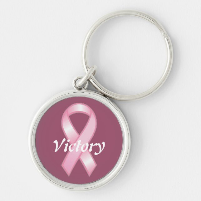 Rosa Ribbon Victory over Cancer Keychain Rund Silverfärgad Nyckelring (Framsidan)