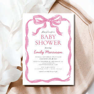 Rosa Ribbon Watercolor Bow Girl Baby Shower Inbjudningar