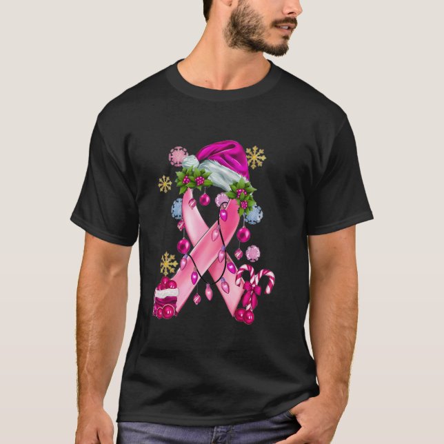 Rosa Ribbon with Santa Hat Breast Cancer Awareness T Shirt (Framsida)