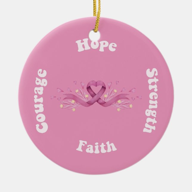 Rosa Ribbon Women Cancer Awareness Breast Cancer Julgransprydnad Keramik (Framsidan)