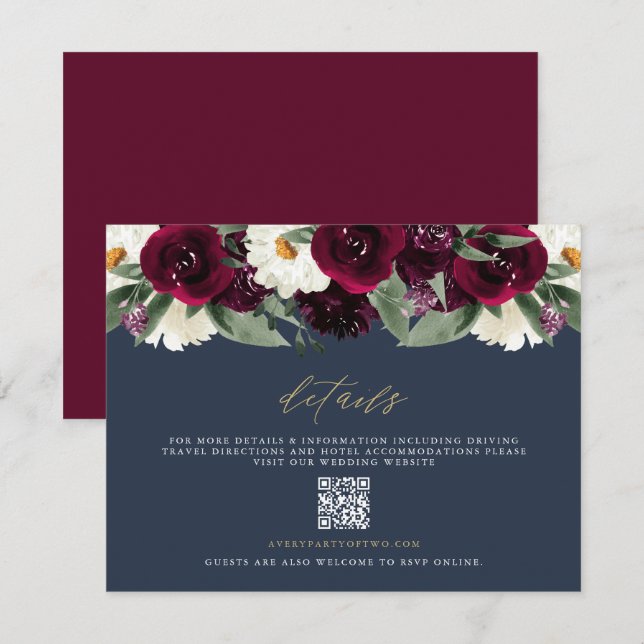 ROSA Rich Burgundy Blommiga och Navy Bröllopsdetal Inbjudningar (Fram/baksida)