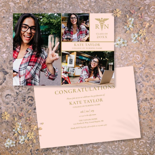  Rosa RN Nursing 3 Photo Studentfest Inv Inbjudningar (Blush Pink RN Nursing 3 Photo Graduation Party Invitation)