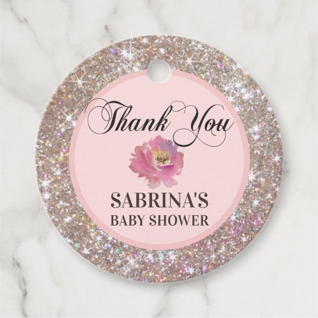 Rosa, Ro Brown, Glitter Baby Shower Tack Gåvor Etiketter (Framsida)