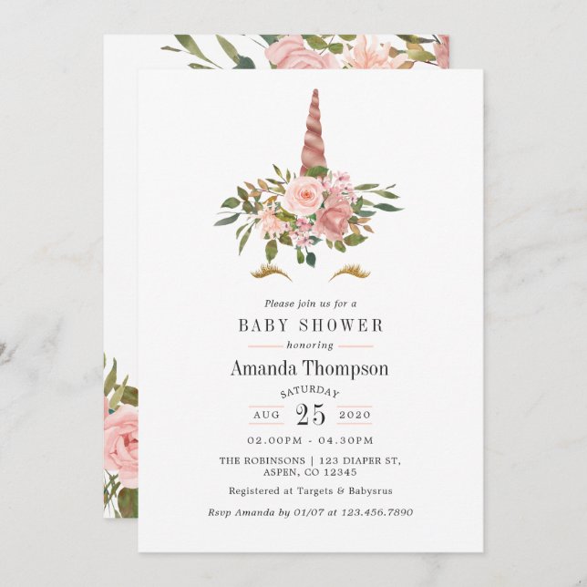  Rosa & Ro Guld Blommigt Unicorn Baby Shower Inbjudningar (Fram/baksida)