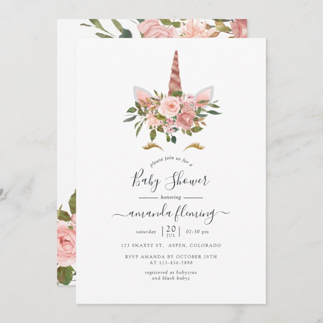  Rosa & Ro Guld Blommigt Unicorn Baby Shower Inbjudningar (Fram/baksida)