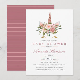  Rosa & Ro Guld Blommigt Unicorn Baby Shower Inbjudningar