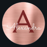 Rosa - Ro Guld Burgundy Metallic Monogram Runt Klistermärke<br><div class="desc">Rosa - Ro Guld och Burgundy Faux Girly Metallic Stainless Steel Foil Elegant Sticker. Det här klistermärket kan anpassas så att det omfattar ditt första och första namn för en gåva till paket.</div>