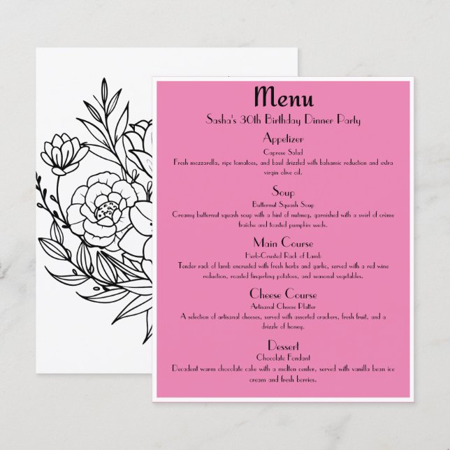 Rosa-Ro Guld Glam Party Menu (Fram/baksida)