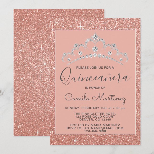 Rosa - Ro Guld Glitter och Gnistra Quinceanera Inbjudningar (Fram/baksida)