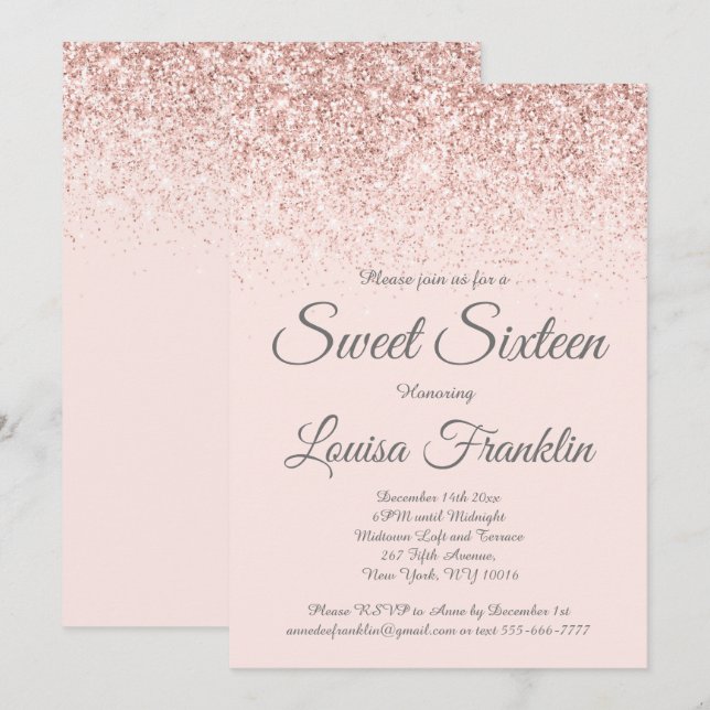  Rosa & Ro Guld Glitter Sweet 16-inbjudan Inbjudningar (Fram/baksida)