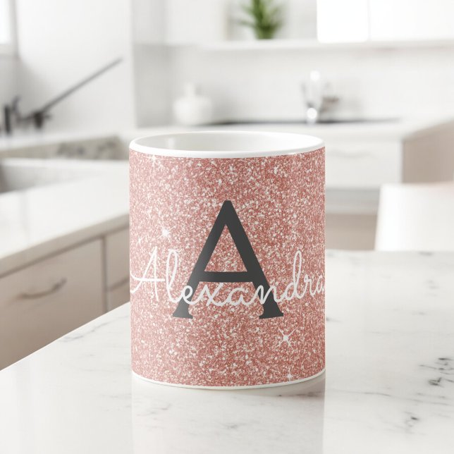 Rosa - Ro Guld Gnistra Glitter Monogram Namn Kaffemugg (Skapare uppladdad)