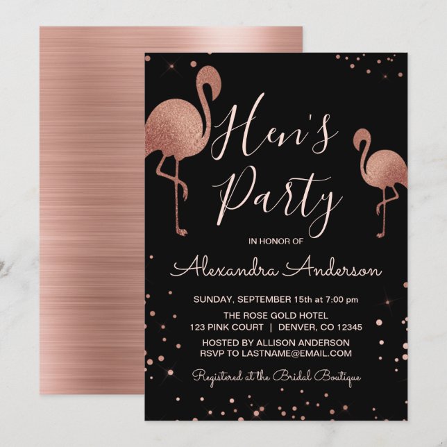  Rosa - Ro guldfetter Flamingo Hens Party Inbjudningar (Fram/baksida)