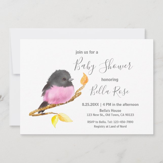 Rosa Robin Bird Baby Shower-inbjudningar Inbjudningar (Framsida)