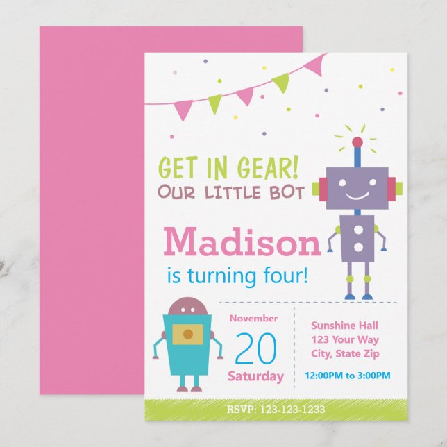 Rosa Robot Birthday Part bjudande Inbjudningar (Fram/baksida)