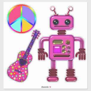 Rosa Robot Guitar och Fredstecken Cute Klistermärken