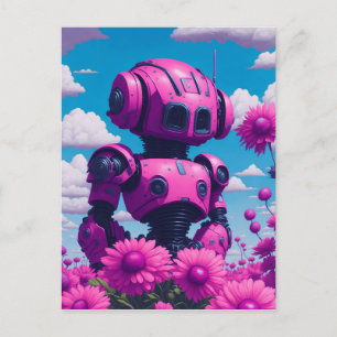 rosa robot i rosa blommor vykort