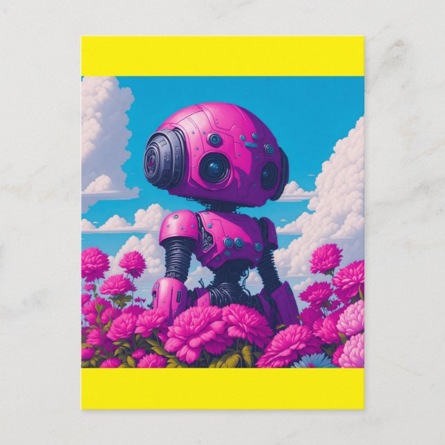 rosa robot i rosa blommor vykort (Framsida)