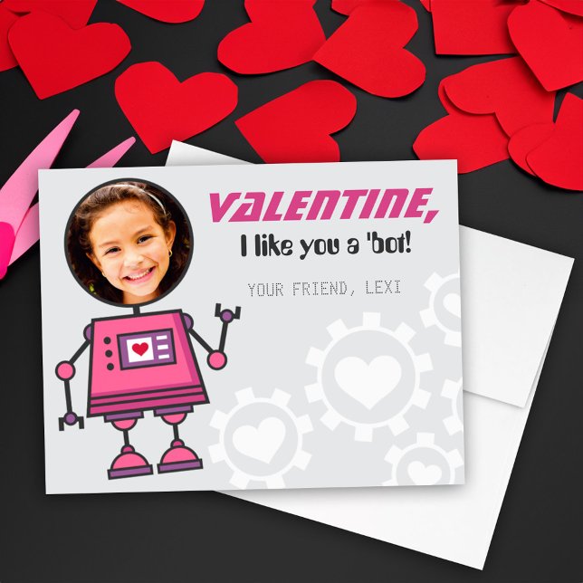 Rosa Robot Valentines day Girl Photo Classroom Julkort (Skapare uppladdad)