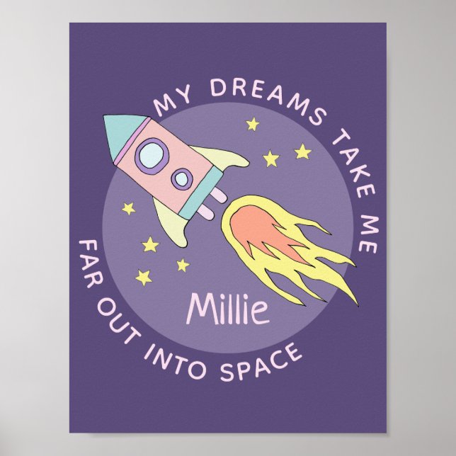 Rosa Rocket Frakt Space och Namn Kids Poster (Framsidan)