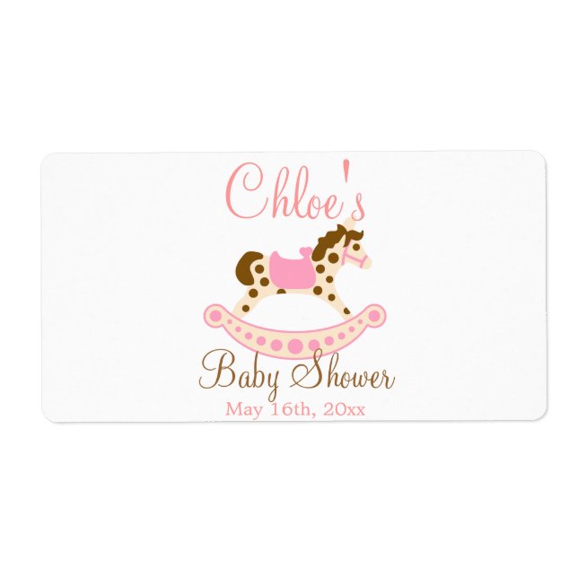 Rosa Rocking Horse Baby Shower Vattenflaska Label Fraktsedel (Framsidan)