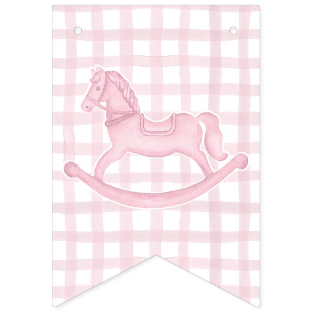 Rosa Rocking Horse Gingham Girl Baby Banner Vimplar (Första flaggan)
