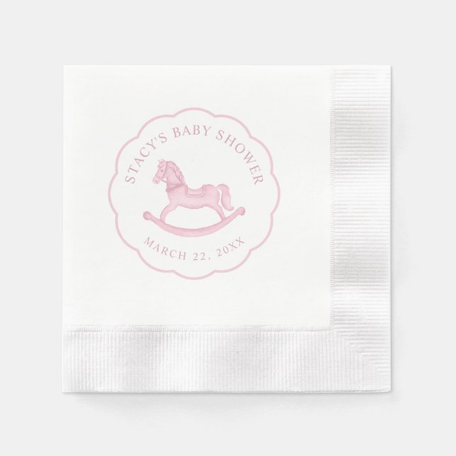 Rosa Rocking Horse Girl Baby Shower Napkins Pappersservett (Framsidan)