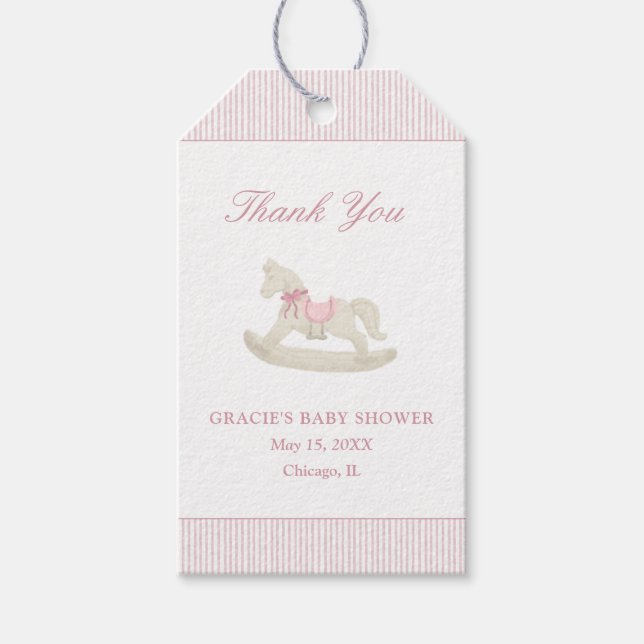 Rosa Rocking Horse Girl Baby Shower Tack Presentetikett (Framsidan)