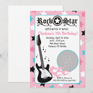 Rosa Rockstjärna Guitar *PHOTO* Födelsedag 5x7 Inbjudningar