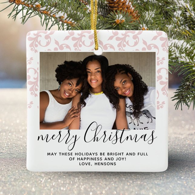 Rosa Rococo God jul Script Photo Julgransprydnad Keramik (Skapare uppladdad)