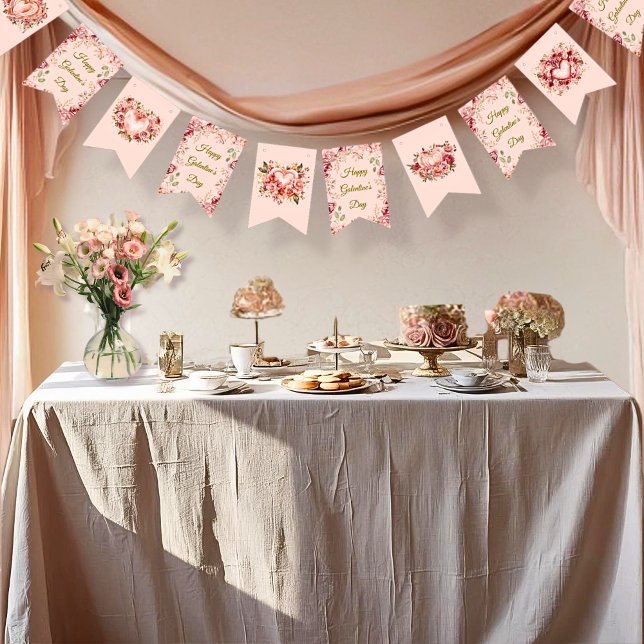 Rosa Rococo Trädgård Galentine-fest Blommiga flagg Vimplar (Skapare uppladdad)