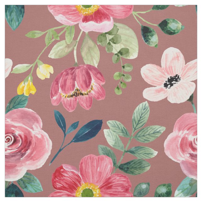 Rosa Röd Akvarell Blommig Gröna blad Dammt Rosa Tyg (Provkarta)