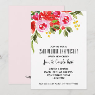 Rosa röd akvarell blomsterjubileumsinbjudan