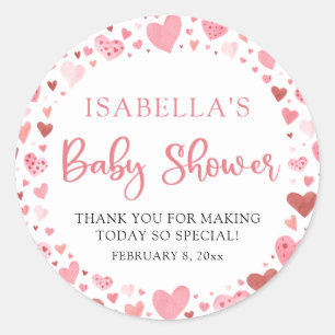 Rosa Röd Alla Hjärtans Baby Shower För En Liten Äl Runt Klistermärke