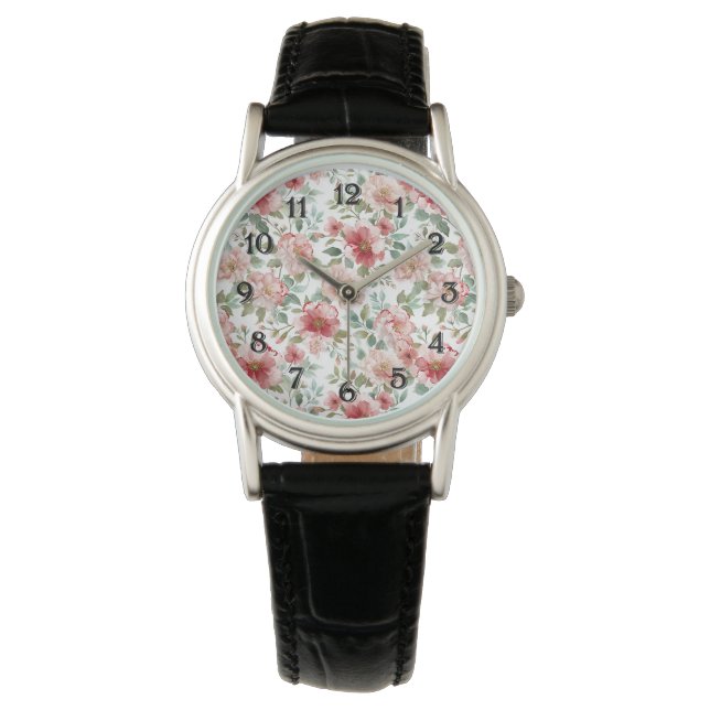 Rosa Röd Blommig   Armbandsur (Framsida)