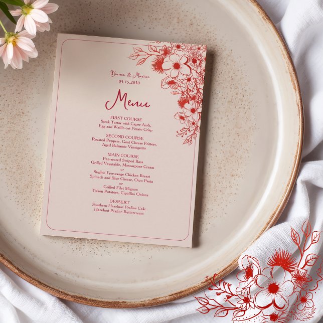 Rosa Röd Blommig Elegant Bröllop Meny (Skapare uppladdad)