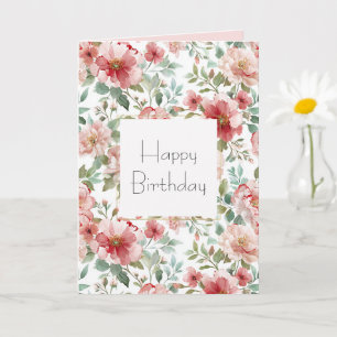 Rosa Röd Blommig Födelsedag Kort