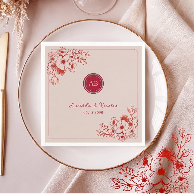 Rosa Röd Blommig Monogram Bröllop Pappersservett (Skapare uppladdad)