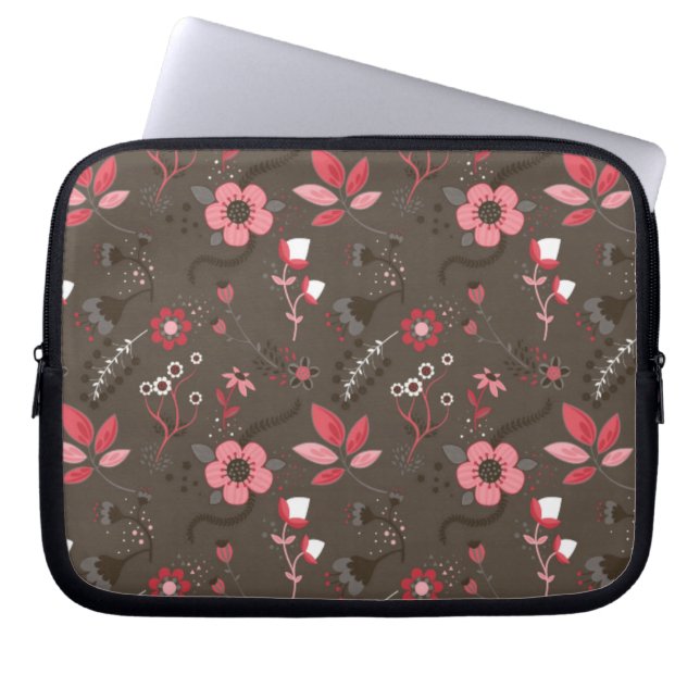 Rosa röd brun blommönster laptop sleeve (Framsidan)