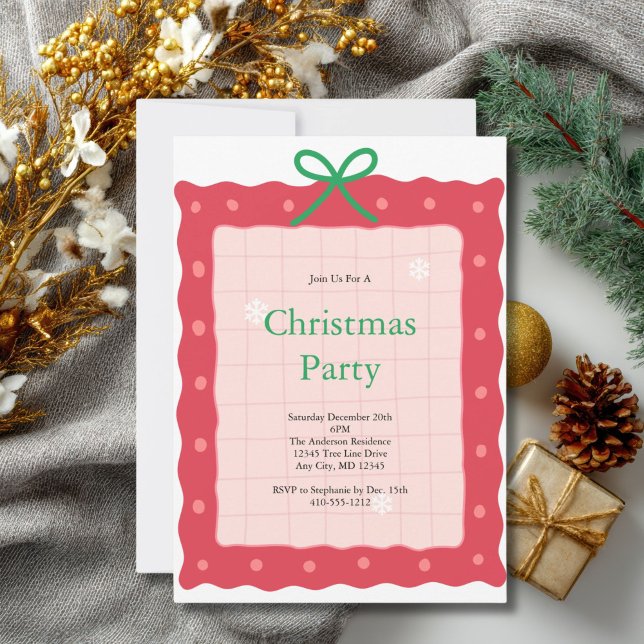 Rosa Röd Grön Kokett Båge Doodle Julfest Inbjudningar (Pink Red Green Bow Christmas Holiday Party invitation  Printed or Digital Downlaod)