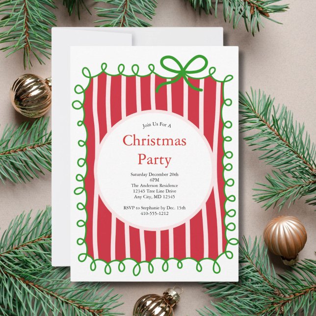 Rosa Röd Grön Kokett Båge Doodle Julfest Inbjudningar (Pink Red Green Doodle Coquette Bow Christmas Party Invitation  Printed or Digital)