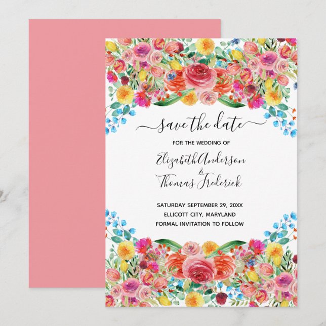 Rosa Röd Gul Blommig Elegant Watercolor Bröllop  Spara Datumet (Fram/baksida)
