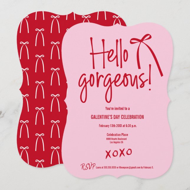 Rosa röd Hello Gorgeous båge doodle Galentine’s Inbjudningar (Fram/baksida)