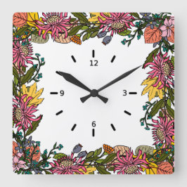 rosa röd höst och gula blommor och löv fyrkantig klocka