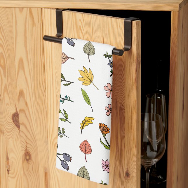 rosa röd höst och gula blommor och löv kökshandduk (Thirds Fold)