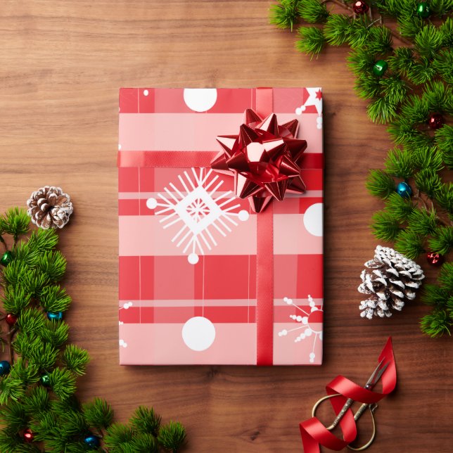 Rosa röd julrutig snöflinga presentpapper (Julgåva)