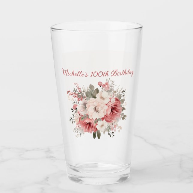 Rosa Röd Kräm Vattenfärg Blommig 100-årsdag Glaskopp (Framsida)