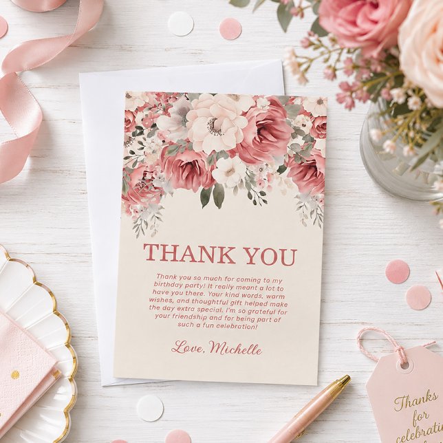 Rosa Röd Kräm Vattenfärg Blommig Födelsedag Tack Kort (Elegant dusty rose floral birthday party thank you card)